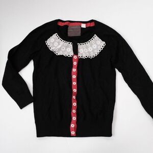 (R) ANTHROPOLOGIE Guinevere Beaded Lace Applique Cardigan Sweater Black Vintage
